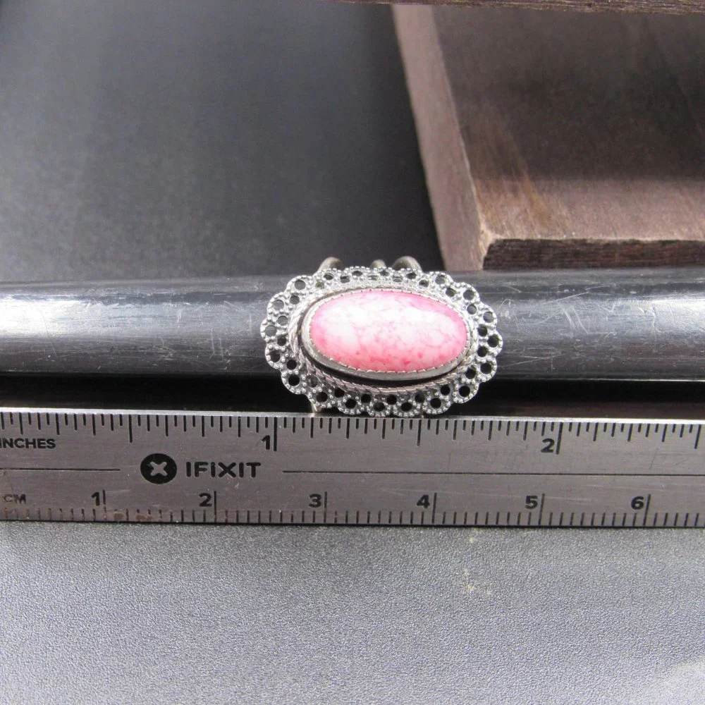 Size 5.75 Sterling Silver Ornate Pink White Stone Adjustable Band Ring Vintage - Picture 7 of 8